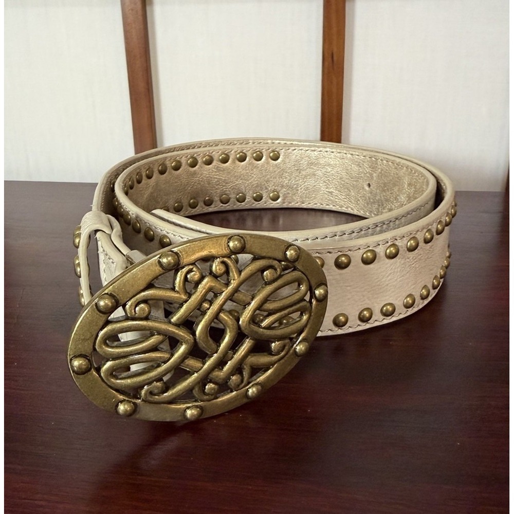 Kathy Van Zeelend Bronze Large Buckle Studded Ivory Belt Western M Y2K Eclectic